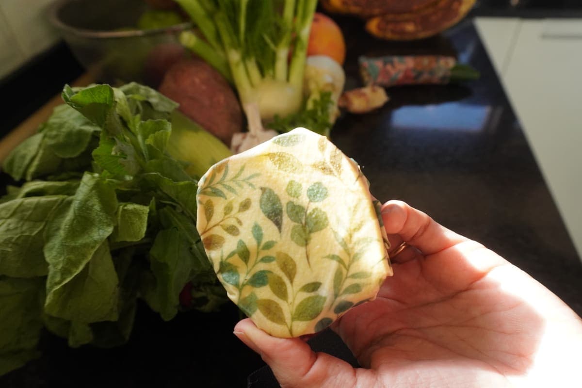 Mano sosteniendo un wrap con patrón de hojas verdes, con acelga fresca detrás